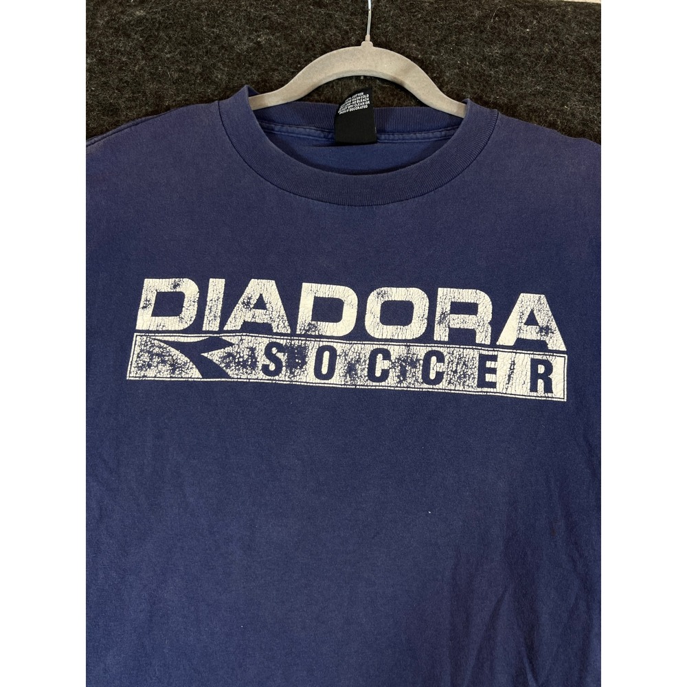 Vintage 90s Diadora Soccer Graphic T-Shirt Mens Medium Navy Blue Cotton Tee USA